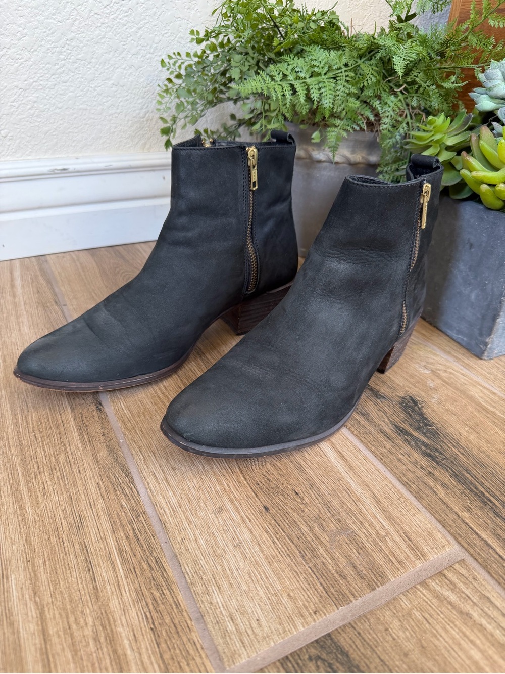 Steve Madden Black Leather Ankle Boot with Gold Hardware